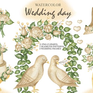 Aquarelle Wedding Pigeons Clipart, Rose Bouquet, Floral Clip Art, Wedding Cake, Wedding Invitation, Wedding Card, Digital Paper PNG 40