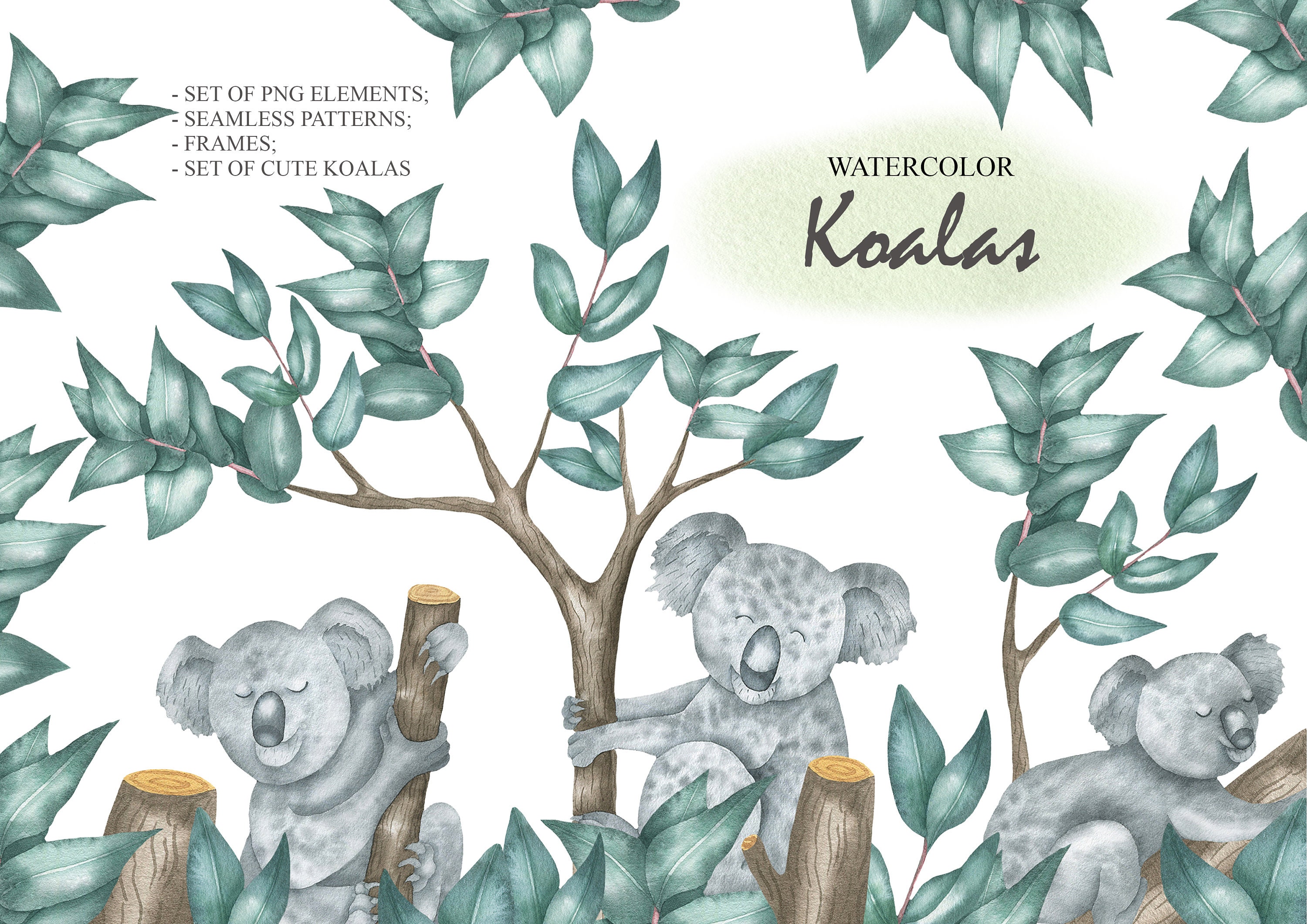 Watercolor Koalas and Eucalyptus Animals Clipart Baby Bear - Etsy
