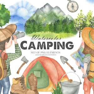 Akwarela Camping Clip Art, Podróże Clipart, Letnie zajęcia na świeżym powietrzu, Krajobrazy leśne, Ludzie Turyści Clipart PNG 154