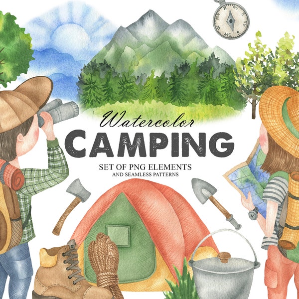 Watercolor Camping Clip Art, Travel Clipart, Summer Outdoors Activities, Forest Landscapes, People Tourists Clipart PNG 154