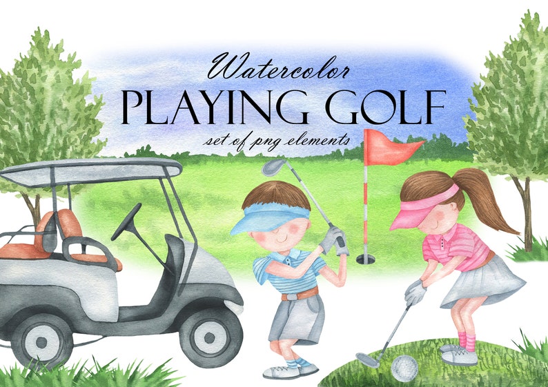 Watercolor Golf Clip Art, Golfer Clipart, Golf Club, Sports Clipart, Golf Car, Summer Outdoors Activities, PNG 245 image 1