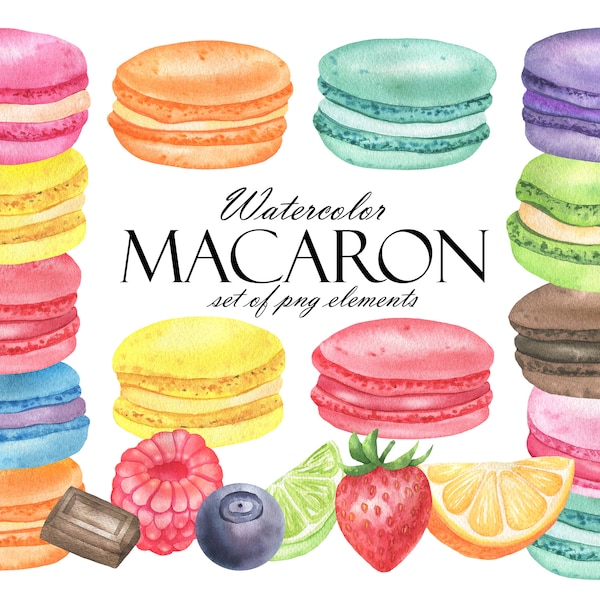 Aquarelle Macarons Clipart, Français Macaron Clip Art, Macarons colorés, Dessert sucré, Aquarelle Boulangerie, Pâtisserie, Fête d’anniversaire PNG 234