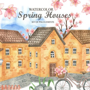 Watercolor Houses Clipart, Home Clip Art, Spring Buildings, Vintage Home, Urban, Town, Fence, Trees, PNG 120