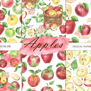 Aquarell Äpfel Digitalpapier, Apple nahtlose Muster, Obstpapier, Sommer Digitalpapier, Äpfel Drucken Scrapbook JPG 13