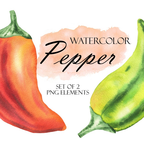 Watercolor Pepper Clipart, Red And Green Pepper, Autumn Sweet Pepper, Vegetable Clip Art, Farm Vegetable, Kitchen Wall Decor PNG 256