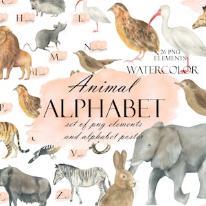 Tier Alphabet Aquarell Clipart, Tiere A-Z, Alphabet Tiere Poster, Lernbuchstaben, Kinderzimmer Dekor, druckbare Wandkunst PNG 258