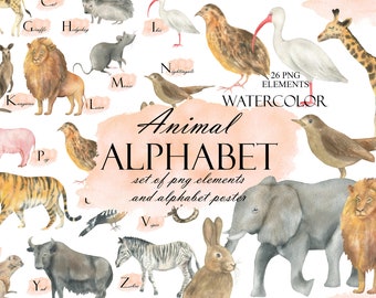 Animal Alphabet Watercolor Clipart, Animals A-Z, Alphabet Animals Poster, Learning Letters, Nursery Decor, Printable Wall Art PNG 258