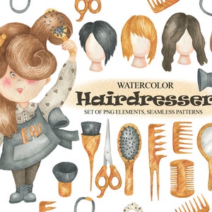 Watercolor Hair Salon Clipart, Hairdresser Clip Art, Barber Shop, Hair Stylist, Hairdresser's Tools, Comb, Hairdryer, Digital Paper PNG 109