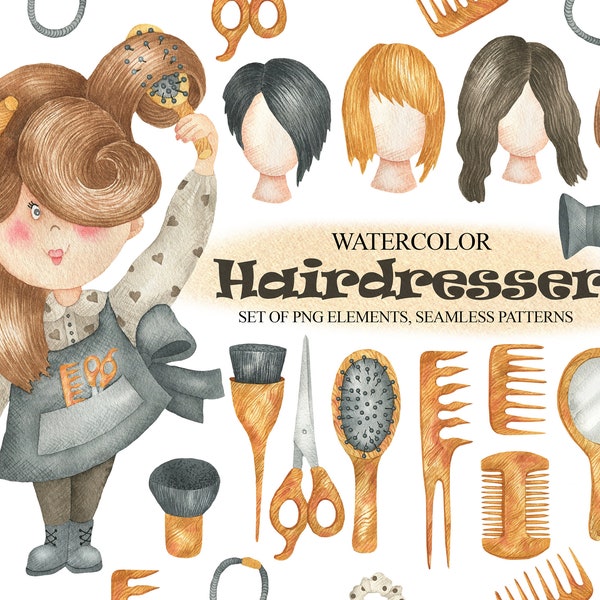 Watercolor Hair Salon Clipart, Coiffeur Clip Art, Barber Shop, Coiffeur, Outils de coiffeur, Peigne, Sèche-cheveux, Digital Paper PNG 109