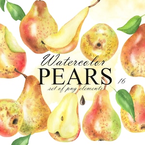 Clipart aquarelle poire, poires, tranches de poire, fruits frais, fruits, décoration de cuisine, livre de cuisine, agenda, autocollants PNG 376