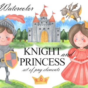 Watercolor Knight And Princess Clipart, Dragon And Castle Clip Art, Fairy Tale, Medieval Party, Kingdom, Fantasy, Instant Download PNG 317