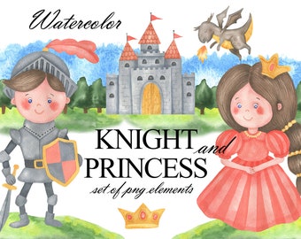 Watercolor Knight And Princess Clipart, Dragon And Castle Clip Art, Fairy Tale, Medieval Party, Kingdom, Fantasy, Instant Download PNG 317