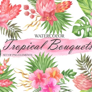 Watercolor Tropical Flowers And Leaves Bouquet Clipart, Tropical Floral Arrangements Clip Art, Wedding, PNG 166