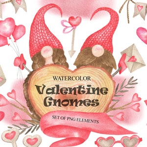 Valentine Day Gnomes Clipart, Aquarelle scandinave Gnomes et Red Romantic Decor Clip Art, Parfait pour les cartes, Scrapbooking PNG 106