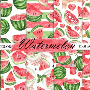 Aquarell Wassermelonen Digitales Papier, Wassermelonen nahtloses Muster, Sommer Digitales Papier, Wassermelonen Druck Scrapbook JPG 12