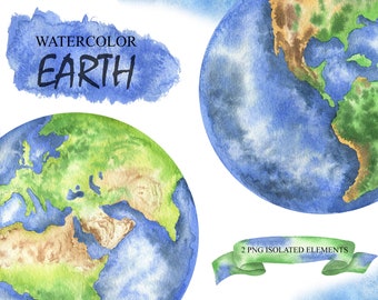Imágenes prediseñadas de la Tierra en acuarela, gráficos de planetas y globos terráqueos (descarga digital)