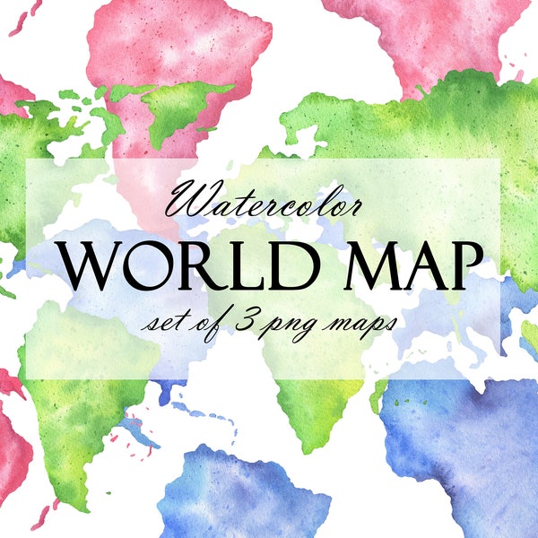Watercolor World Map Clipart, Watercolor Continents Clip Art, Pink, Green And Blue World Maps, Printable World Map Poster, PNG 273