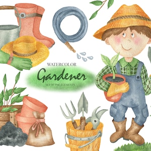 Aquarell Gartenclipart, Garten Werkzeuge und Zubehör, Schaufeln, Töpfe, Schubkarre, Gärtner Charakter, Digitalpaper PNG 91
