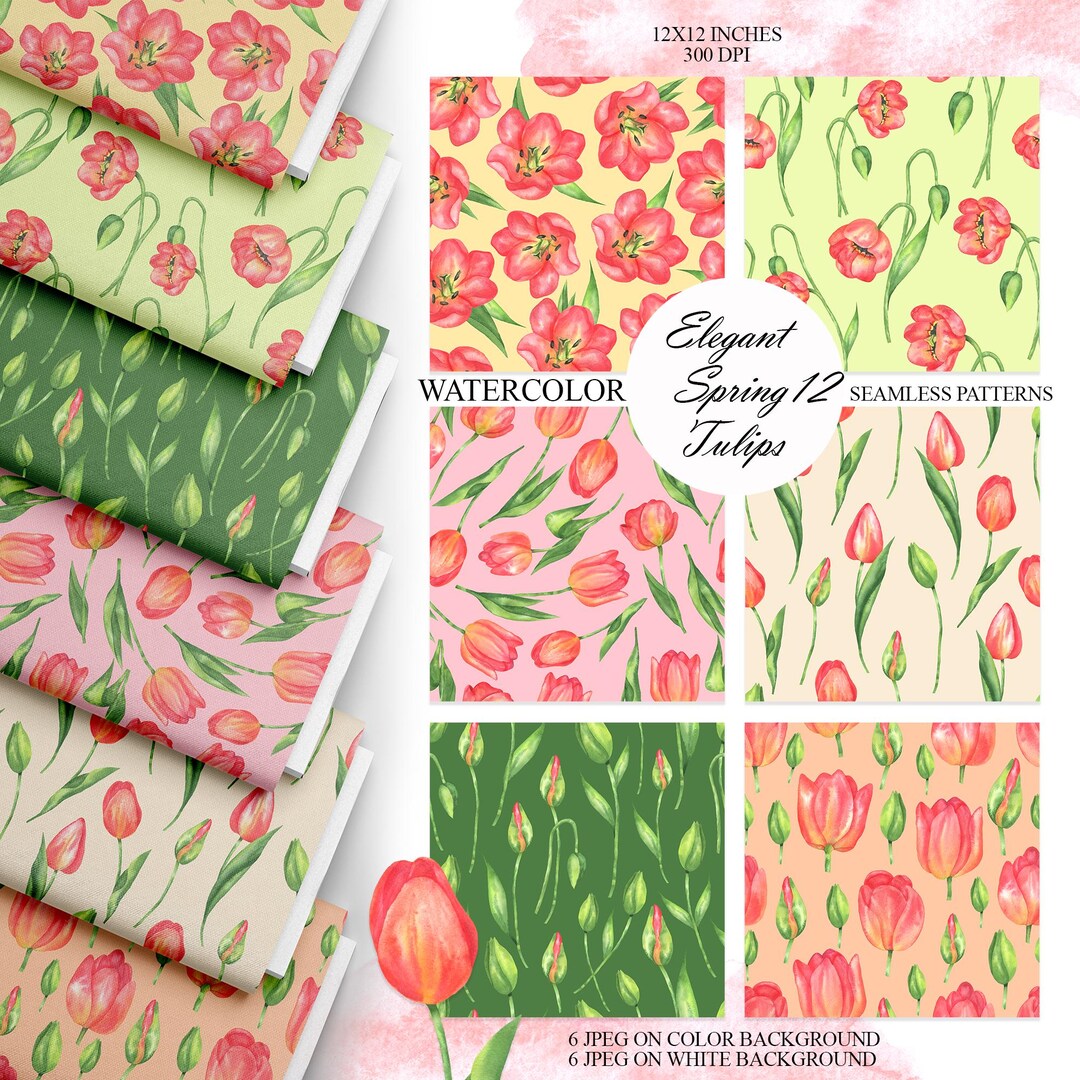 Tulip Watercolor Seamless Patterns, Spring Floral Digital Paper, Hand ...