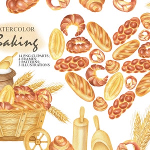 Cottura ad acquerello, Clipart del pane, Cibi al forno, Colazione, Dessert, Torta, Pagnotta, Croissant, Grano, Download istantaneo, Uso commerciale PNG 78