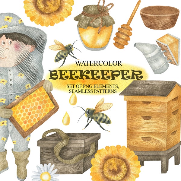 Watercolor Honey Bee Clipart, Honeycomb, Beehive, Beekeeper's Tools, Beekeeper Character, Scrapbooking, Summer, Digital Paper PNG 96