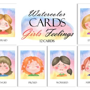 Tarjetas flash de sentimientos de acuarela, tarjetas de emociones de niñas, materiales Montessori, imprimibles en casa, tabla de emociones del arco iris, PNG 282
