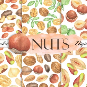 May include: Watercolor digital paper featuring various nuts, including almonds, walnuts, hazelnuts, and pistachios, arranged on a white background. The word "NUTS" is displayed in large letters, with "Watercolor" and "Digital paper" also present.