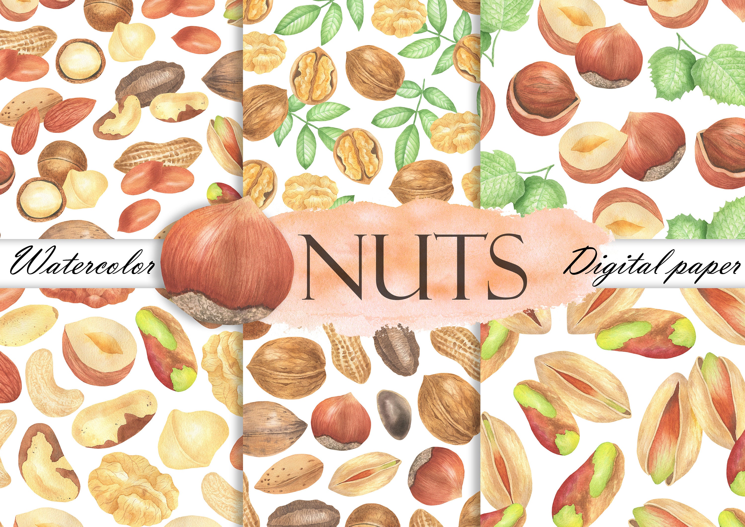 Watercolor Nuts Digital Paper, Nut Seamless Pattern Pack, Food Pattern, Scrapbook JPG 24