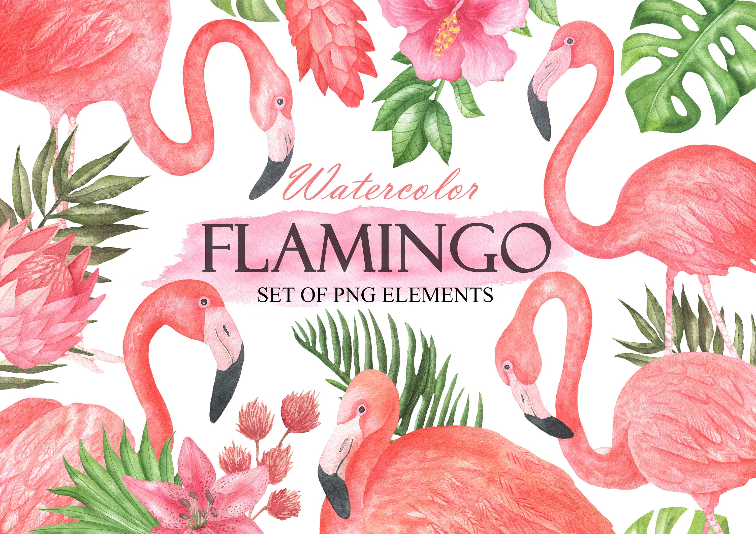 Flamingo Clipart Watercolor Tropical Pink Flowers and Leaves - Etsy