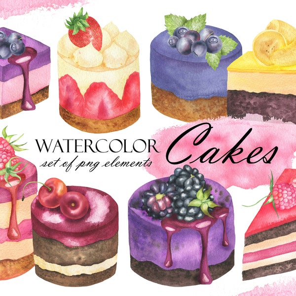 Watercolor Cake Clipart, Sweet Dessert Clip Art, Baking, Pastry, Bakery, Fruit Dessert, Birthday Cake, PNG 271