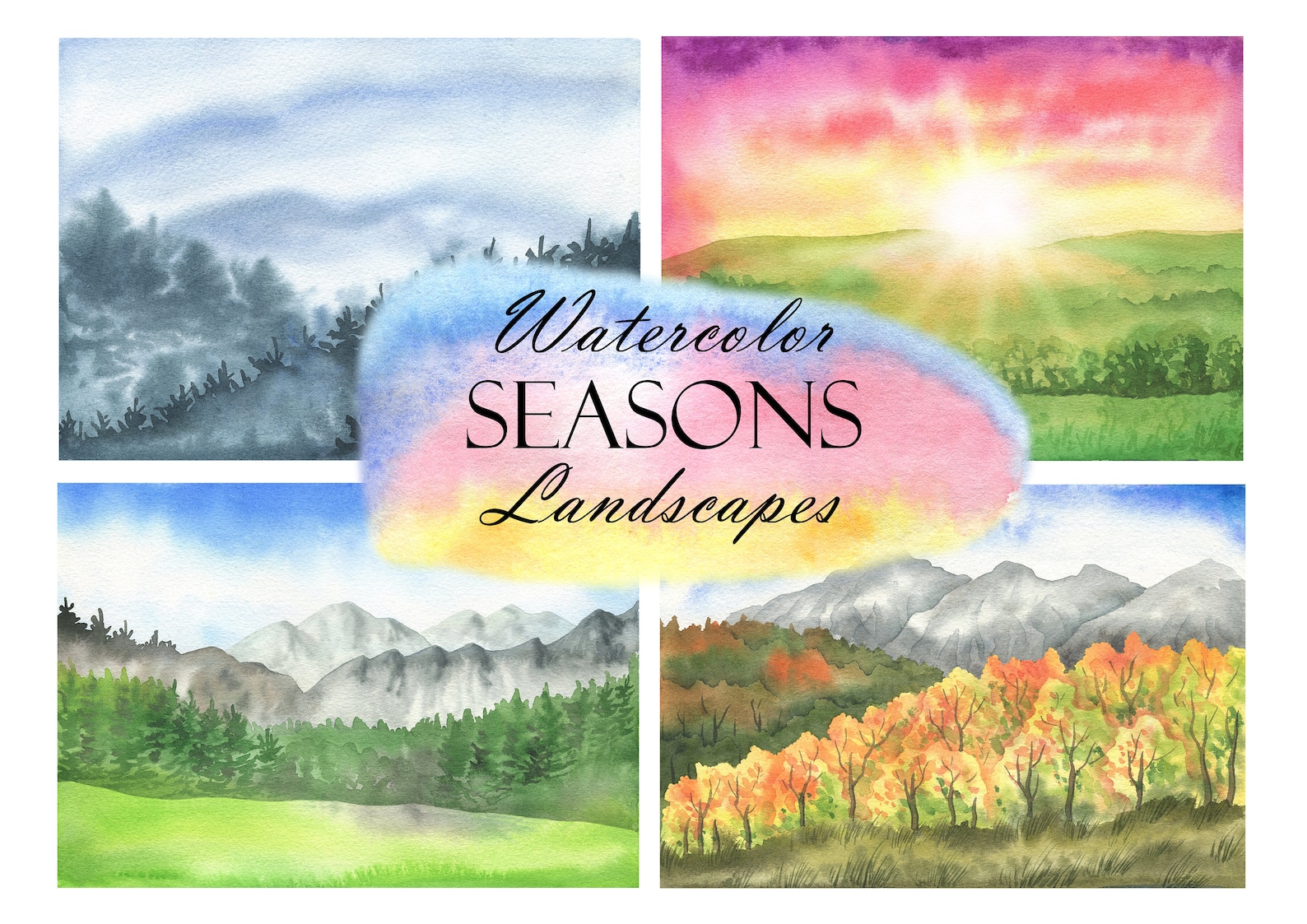 Watercolor Seasons Landscape Clipart, Four Season Winter, Spring ...
