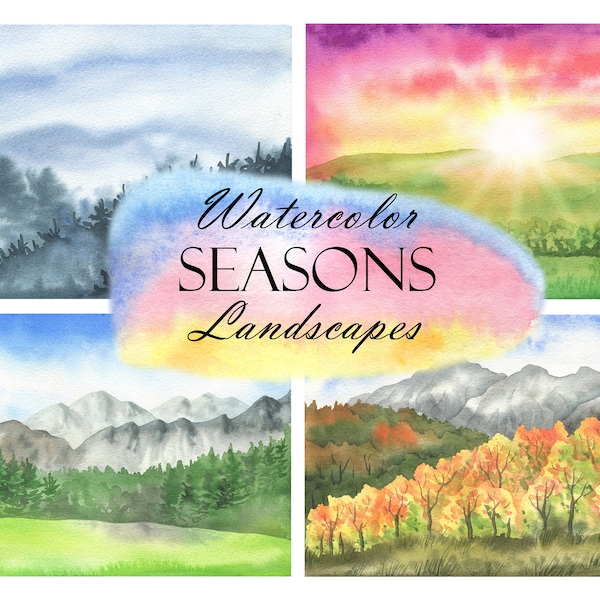 Watercolor Seasons Landscape Clipart, Four Season Winter, Spring, Summer, Autumn, Nature Clip Art, PNG 270