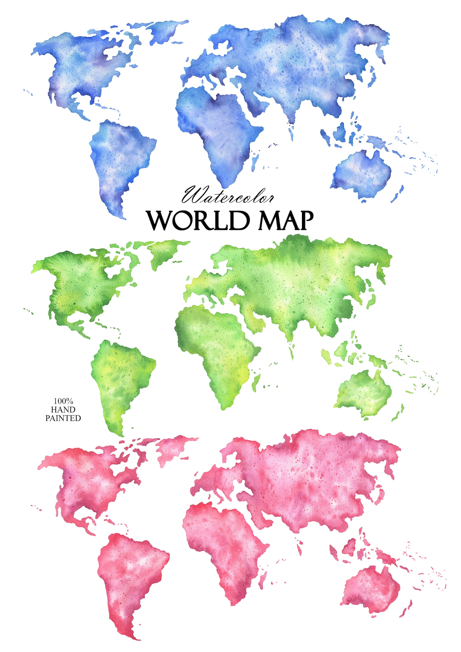 Watercolor World Map Clipart, Watercolor Continents Clip Art, Pink ...