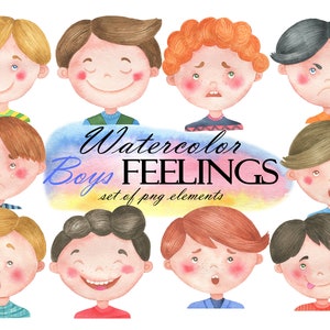 Aquarelle émotions Clipart, sentiments Clip Art, visages de garçon, matériaux Montessori, école à la maison imprimable, tableau des émotions, PNG 284