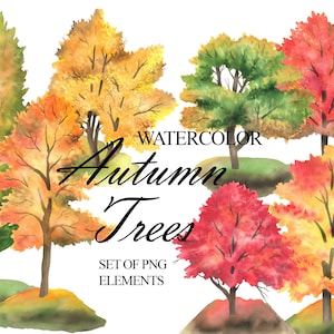 Watercolor Autumn Trees Clipart, Fall Tree Clip Art, Forest Trees Landscape, Autumn Nature, Woodland Clip Art, Scrapbooking PNG 305