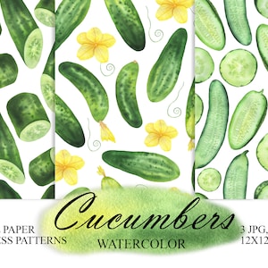 May include: Three watercolor seamless patterns featuring green cucumbers and yellow flowers. Digital paper, 12x12 inches, 3 JPG, 3 PNG.