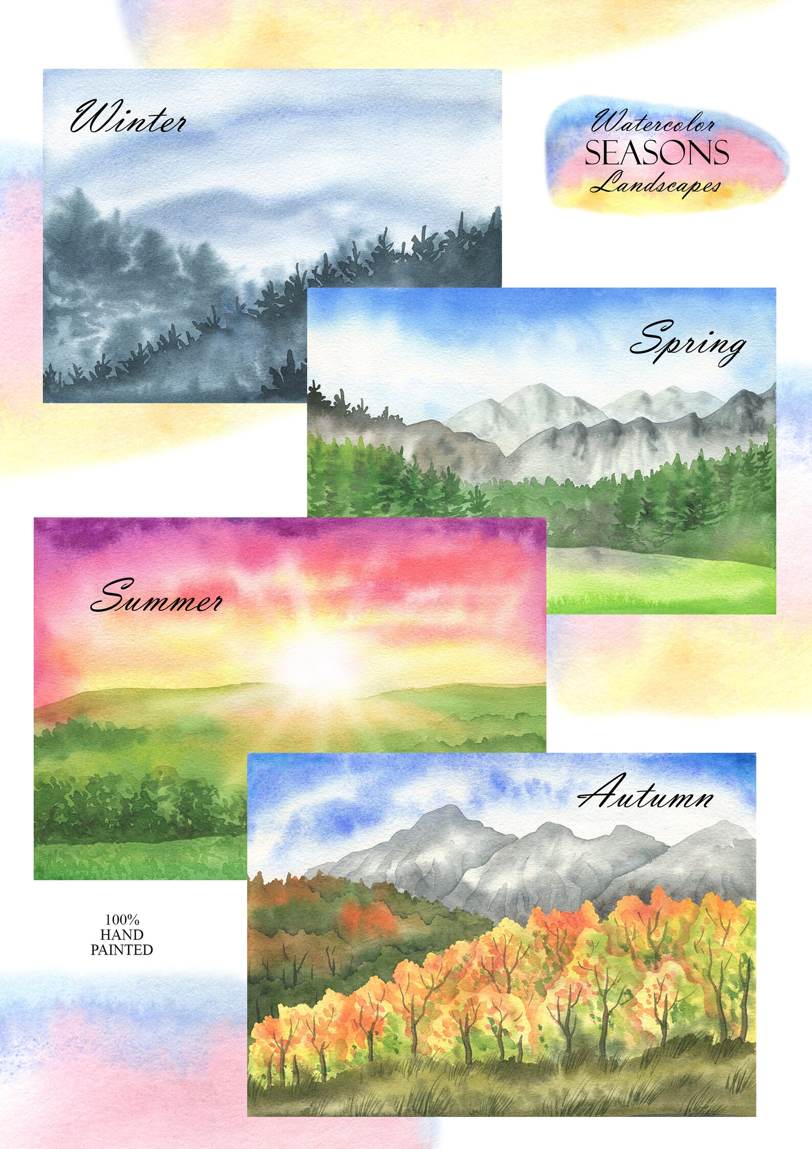 Watercolor Seasons Landscape Clipart, Four Season Winter, Spring ...