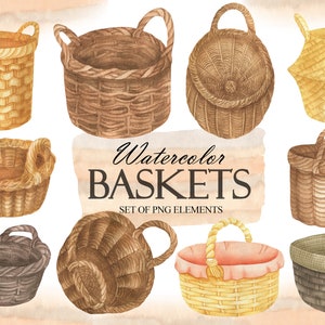 Watercolor Baskets Clipart, Wicker Basket Clip Art, Instant Download, Digital Clipart PNG 180