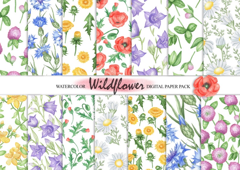Wildflower Floral Digital Paper Pack, Watercolor Seamless Patterns of ...
