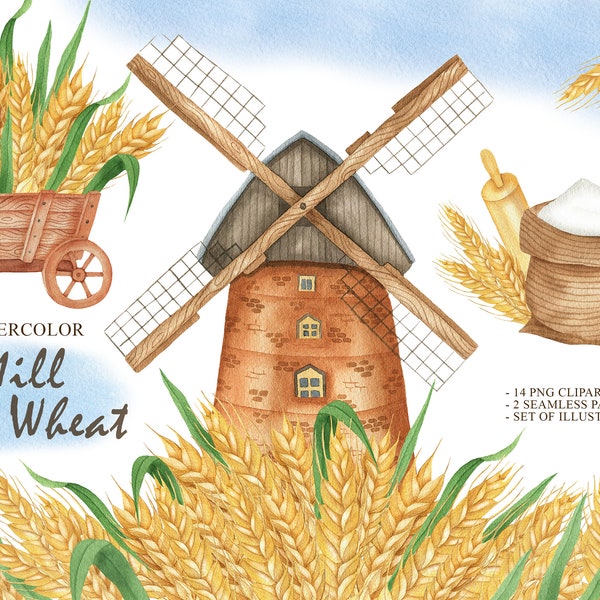 Watercolor Mill Clipart, Wind Mill, Farm, Harvest Time, Illustration, PNG Digital, Instant Download, Hand Paint, Watercolor Frame PNG 50