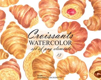 Puede incluir: Ilustración en acuarela de croissants en varias formas y tonos dorados. Algunos están enteros, otros cortados para mostrar rellenos. Incluye el texto "Croissants WATERCOLOR set of png elements".