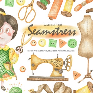 Watercolor Seamstress Clipart, Vintage Sewing Kit Clip Art, Branding Kit, Old Fashion Clipart, Needle, Stitching, Scissors DIY PNG 87