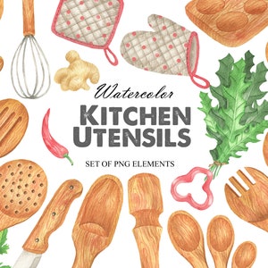 Kitchen Utensils Watercolor  Clipart, Kitchen Wood Tools, Herbs And Spices, Cooking Culinary Digital Clip Art, Baking PNG 141