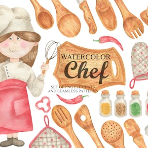 Kitchen Utensils And Chef Watercolor Clipart, Kitchen Wood Tools, Herbs And Spices, Cooking Culinary Digital Clip Art, Baking PNG 140