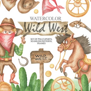 Watercolor Western Clipart, Cowboy Clip Art, Wild West Horse, Bandana, Boots, Cactus, Country Clipart, Digital Paper PNG 49