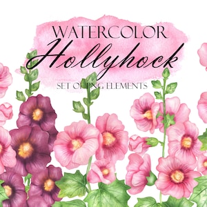 Watercolor Hollyhock Clipart, Hollyhock Bouquet Clip Art, Pink Flowers, Floral Arrangement, Wedding Invitation, PNG 303