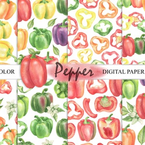 Watercolor Pepper Digital Paper, Kitchen Vegetable Peppers Digital Paper, Peppers Seamless Pattern, Scrapbook JPG 08