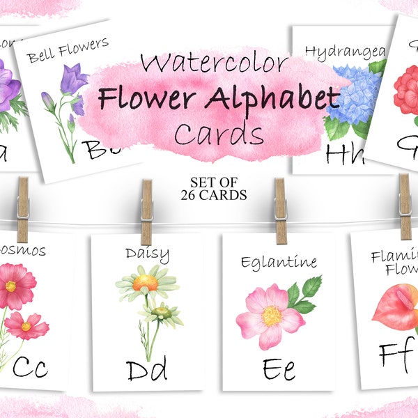 Watercolor Flower Alphabet ABC Card, Learning Letters, Printable Montessori Flash Cards, ABC Learning Cards, Nursery PNG 292