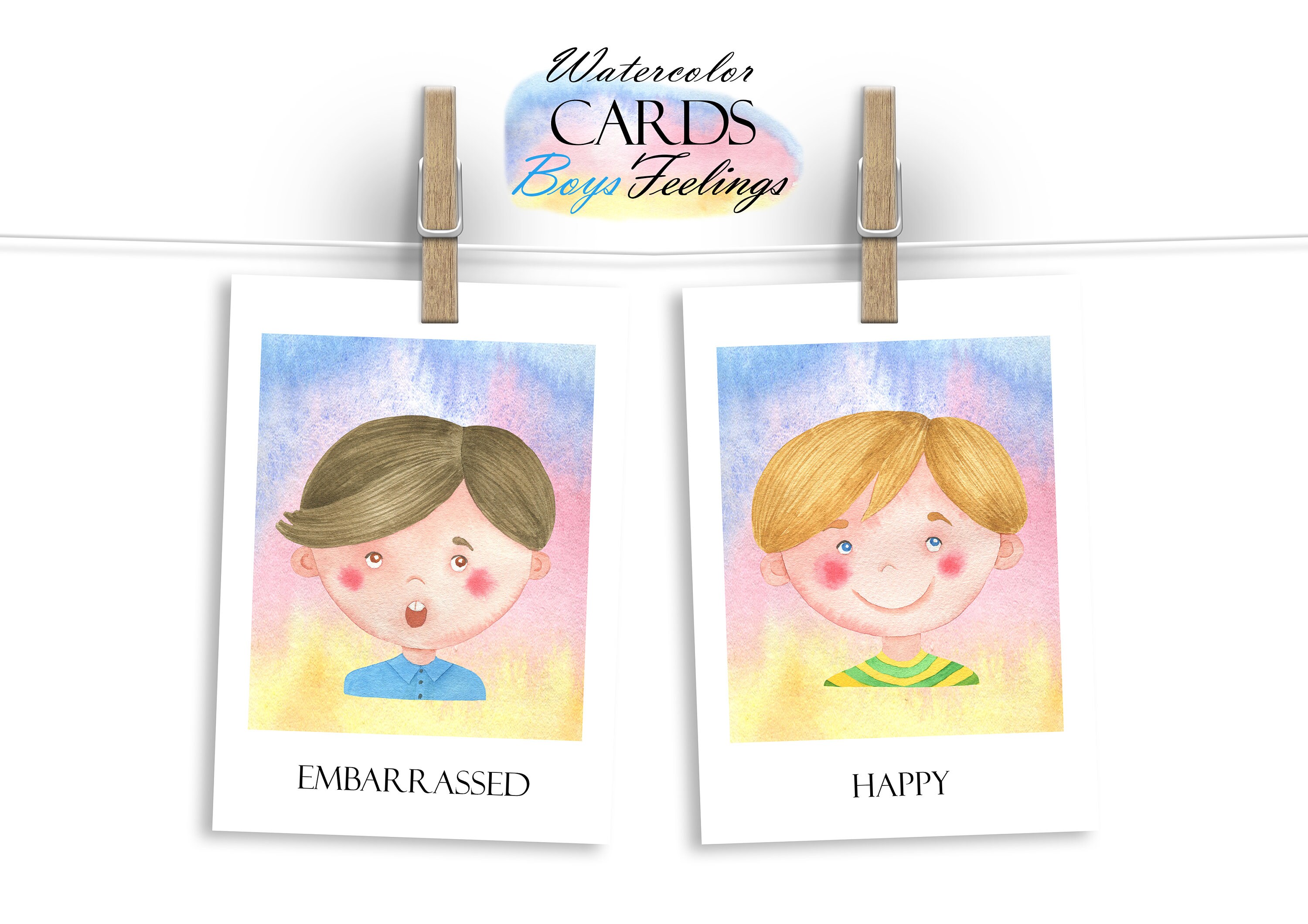 Watercolor Feelings Flash Cards, Boys Emotions Cards, Montessori ...