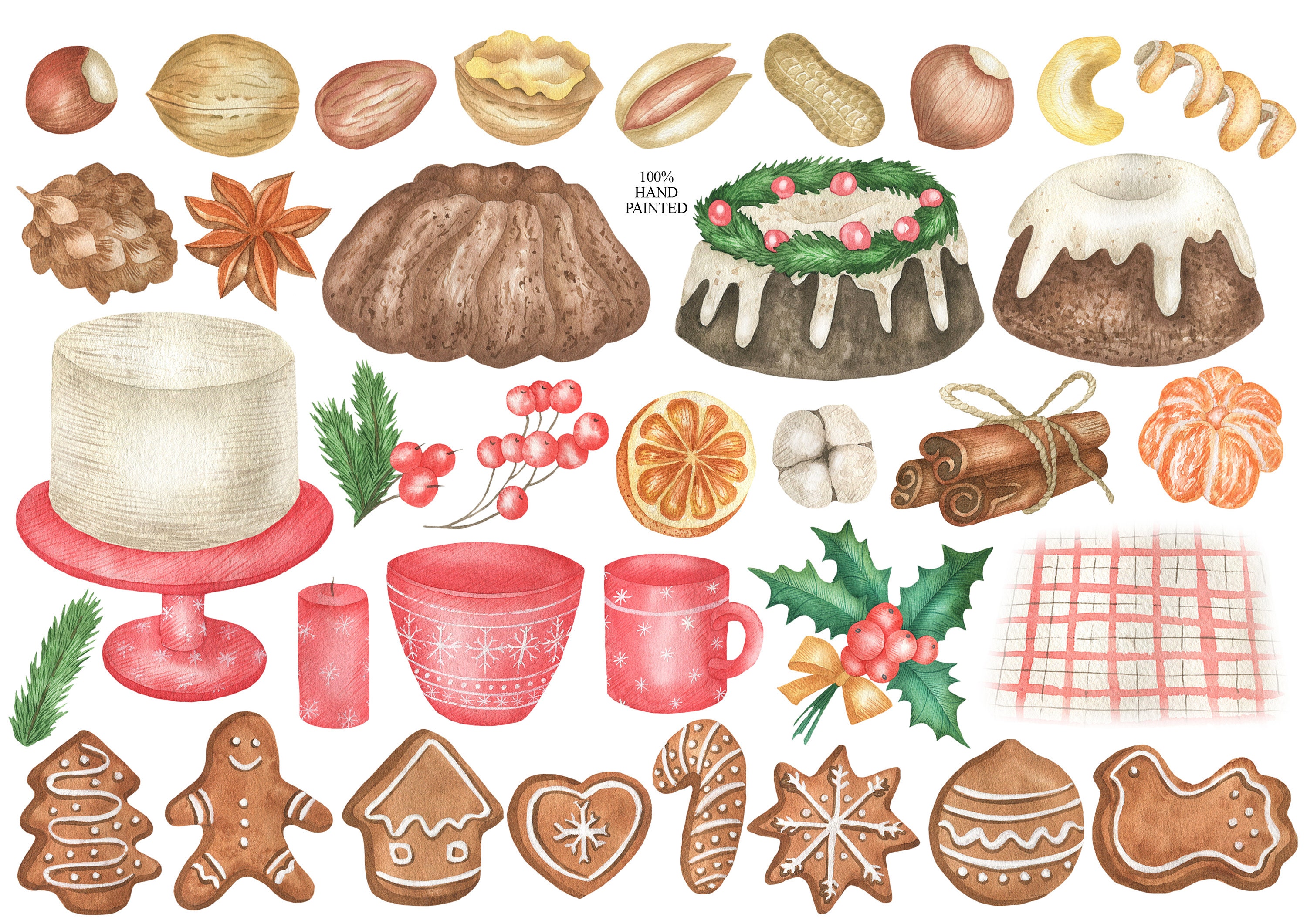 Watercolor Christmas Gingerbread Clipart Hand Painted Cookies - Etsy